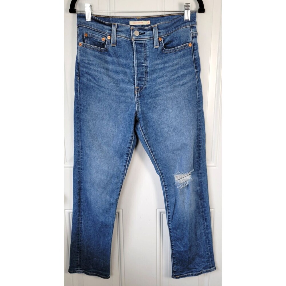 Levi's Wedgie Straight Leg Jeans — Medium Blue with Light Wash Distressing